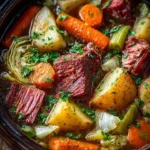 Bowl of Slow Cooker Corned Beef and Cabbage Stew with fresh herbs
