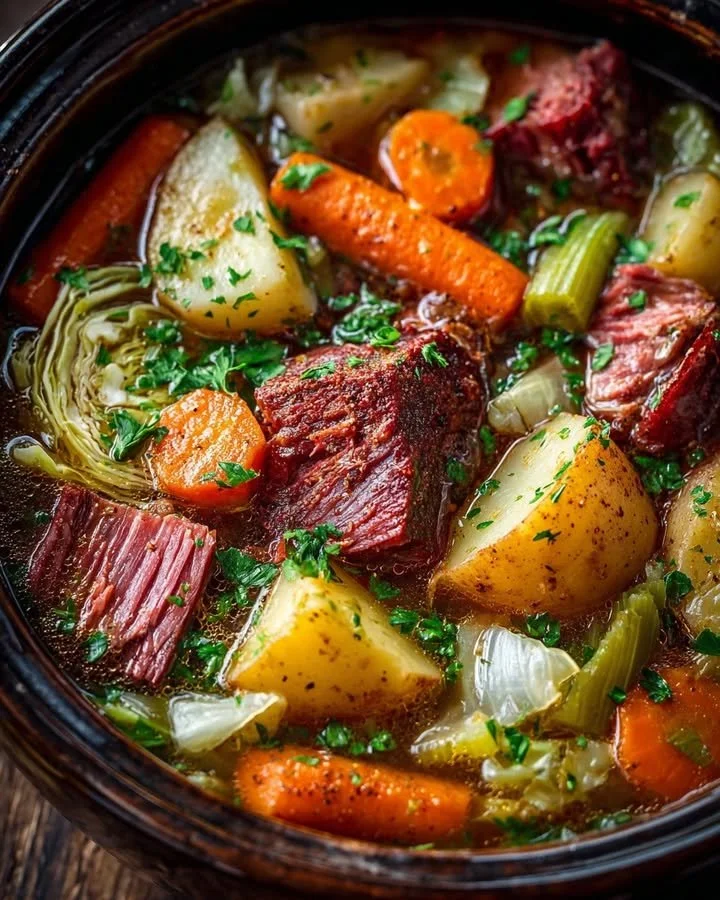 Bowl of Slow Cooker Corned Beef and Cabbage Stew with fresh herbs