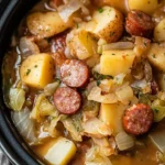 Slow cooker kielbasa with cabbage and potatoes served in a bowl