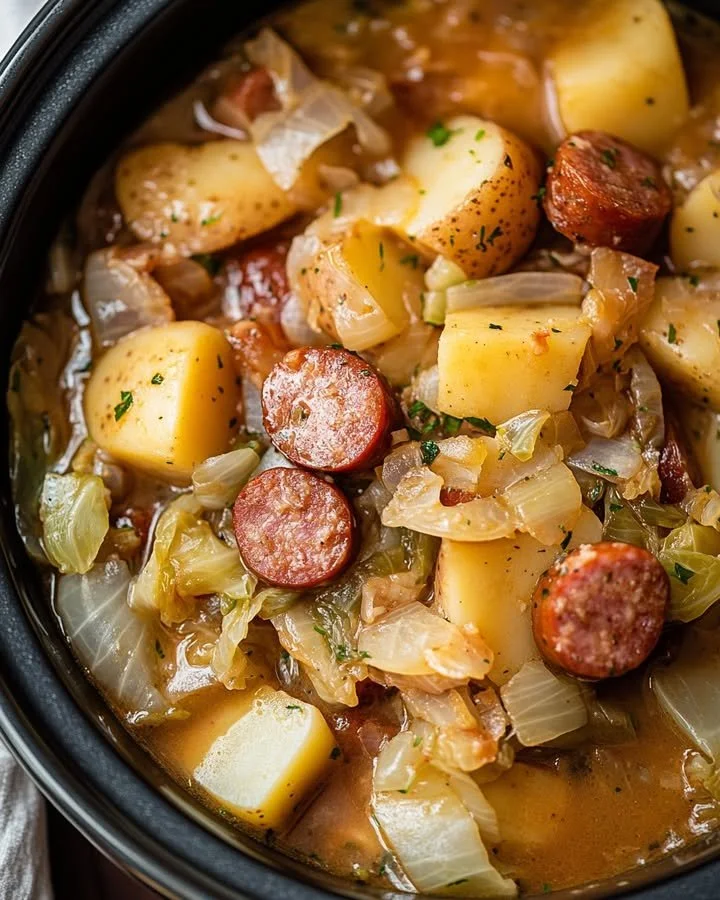 Slow cooker kielbasa with cabbage and potatoes served in a bowl