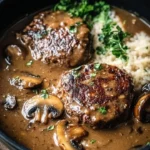 Slow Cooker Salisbury Steak served with rich mushroom gravy