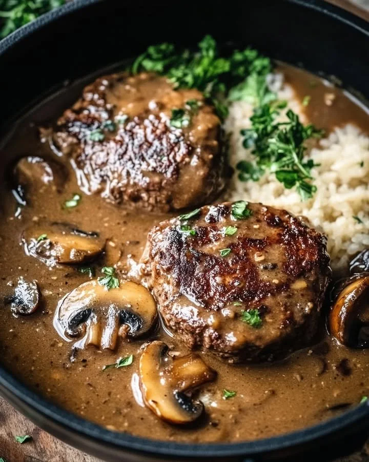 Slow Cooker Salisbury Steak served with rich mushroom gravy