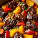 Slow-simmered tomato soy braised beef served with fresh vegetables