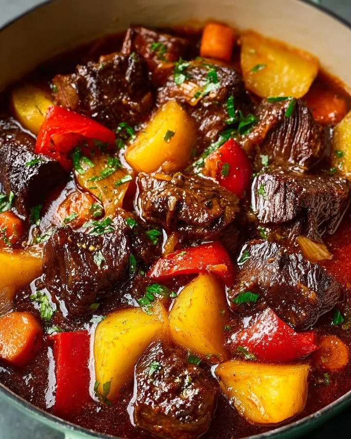 Slow-simmered tomato soy braised beef served with fresh vegetables