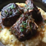 Smoked Beef Shank served over creamy Gouda grits in a rustic bowl