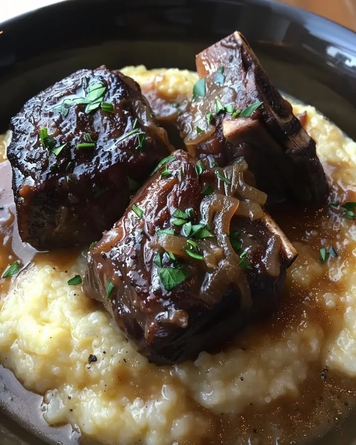 Smoked Beef Shank served over creamy Gouda grits in a rustic bowl