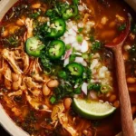 Bowl of Smoky Chicken, Bean & Rice Soup with fresh herbs.