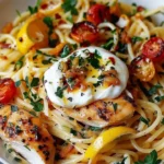 Smoky lemon chicken spaghetti topped with burst cherry tomatoes