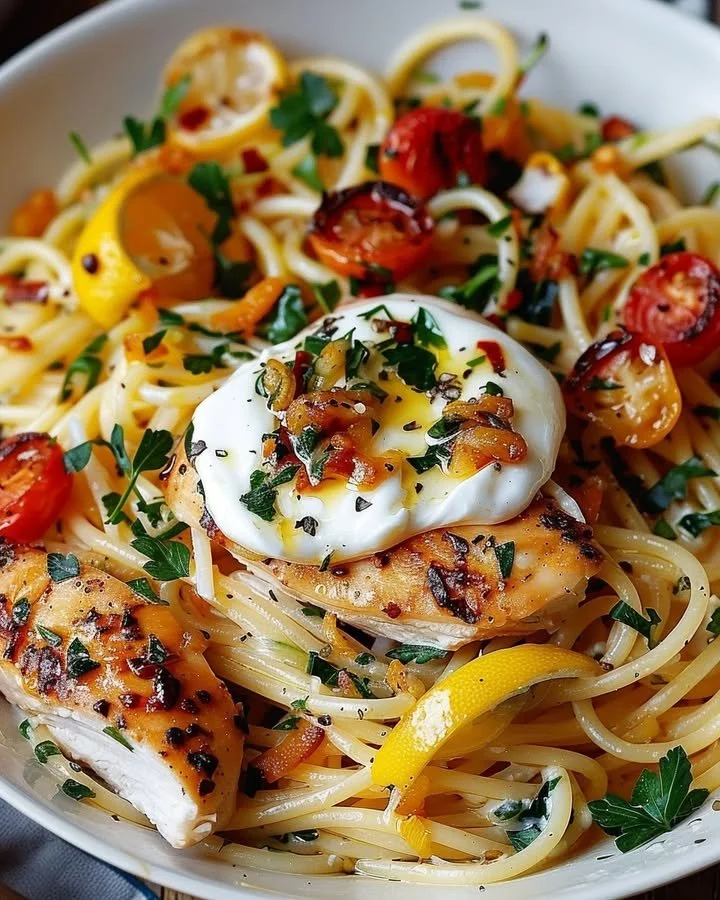 Smoky lemon chicken spaghetti topped with burst cherry tomatoes