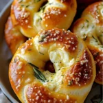 Soft mozzarella stuffed pretzels with fresh rosemary on a wooden board