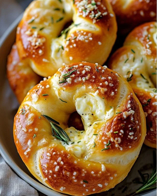 Soft mozzarella stuffed pretzels with fresh rosemary on a wooden board