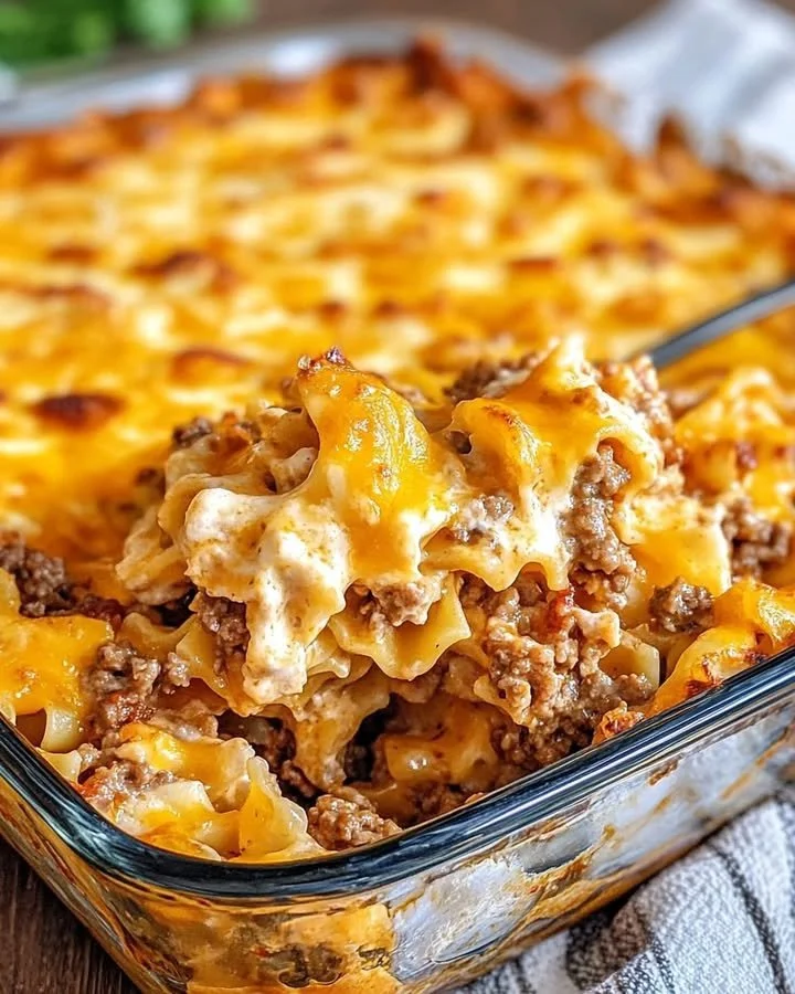 Delicious sour cream noodle bake served in a casserole dish, perfect for family meals