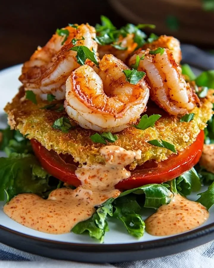 Southern Shrimp & Fried Green Tomato Delight served on a plate