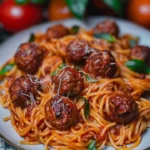 Delicious plate of spaghetti meatballs served with marinara sauce and herbs