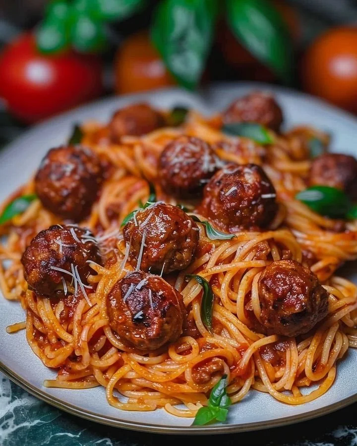 Delicious plate of spaghetti meatballs served with marinara sauce and herbs