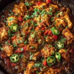 Spiced chicken curry dish with ginger, garlic, and jalapeño garnished