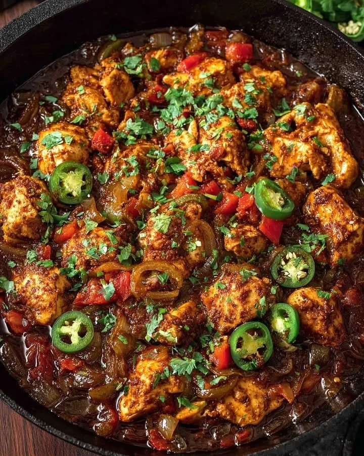 Spiced chicken curry dish with ginger, garlic, and jalapeño garnished