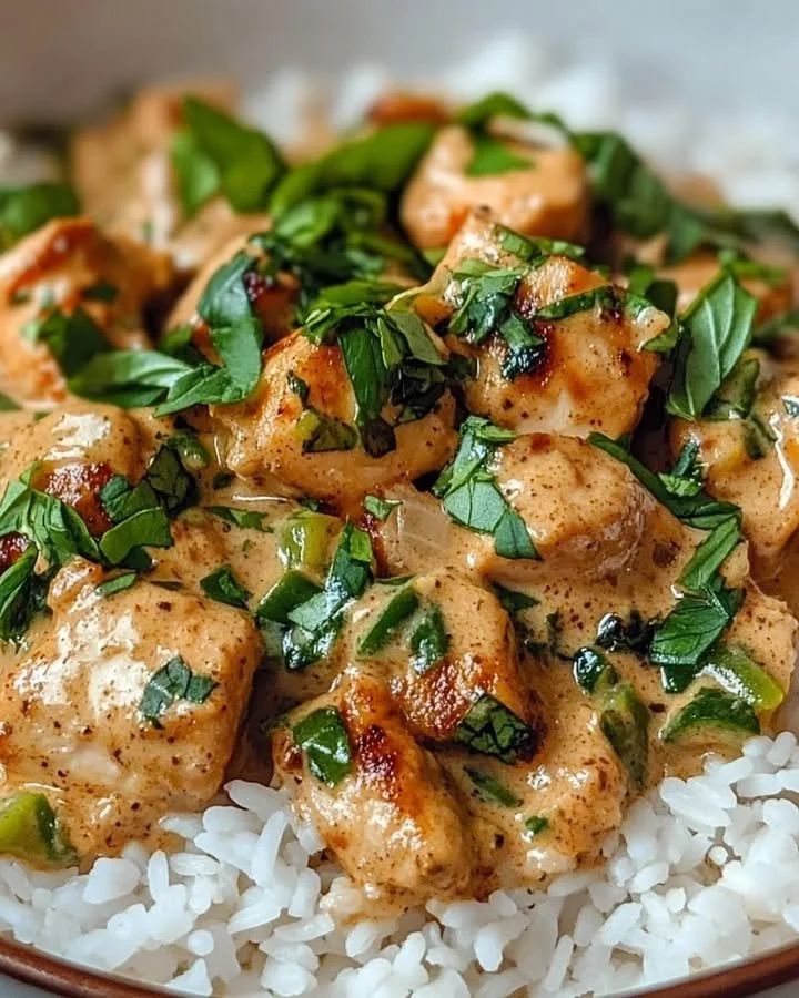 Spiced Coconut Basil Chicken served with fragrant rice
