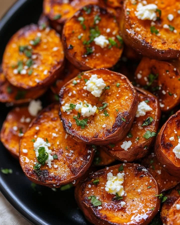 Spiced roasted sweet potatoes topped with feta and honey on a white plate