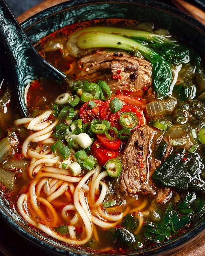 Bowl of spiced steak noodle soup topped with pickled greens.