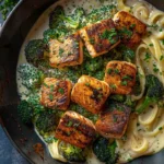 Plate of spicy blackened salmon alfredo with broccoli served with garnishes