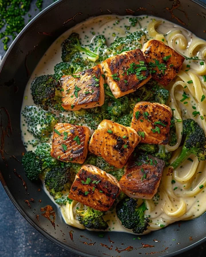 Plate of spicy blackened salmon alfredo with broccoli served with garnishes