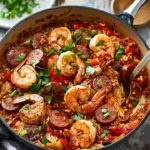 Delicious bowl of Spicy Creole Jambalaya with seafood and sausage garnished with herbs