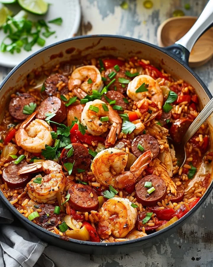Delicious bowl of Spicy Creole Jambalaya with seafood and sausage garnished with herbs
