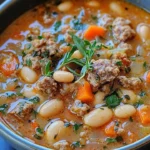 Spicy Italian Sausage and Cannellini Bean Soup in a bowl with herbs
