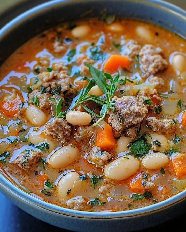 Bowl of spicy Italian sausage and cannellini bean soup garnished with parsley
