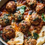 Delicious spicy Italian sausage meatballs in harissa tomato sauce