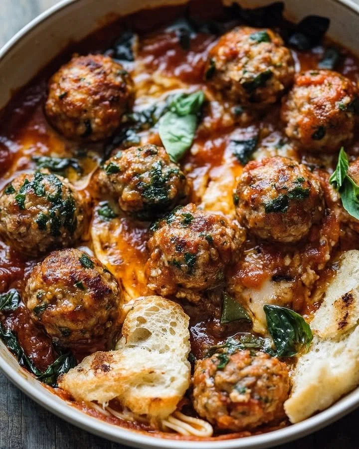 Delicious spicy Italian sausage meatballs in harissa tomato sauce
