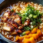 Bowl of spicy ramen topped with chili crisp chicken and garnished with green onions