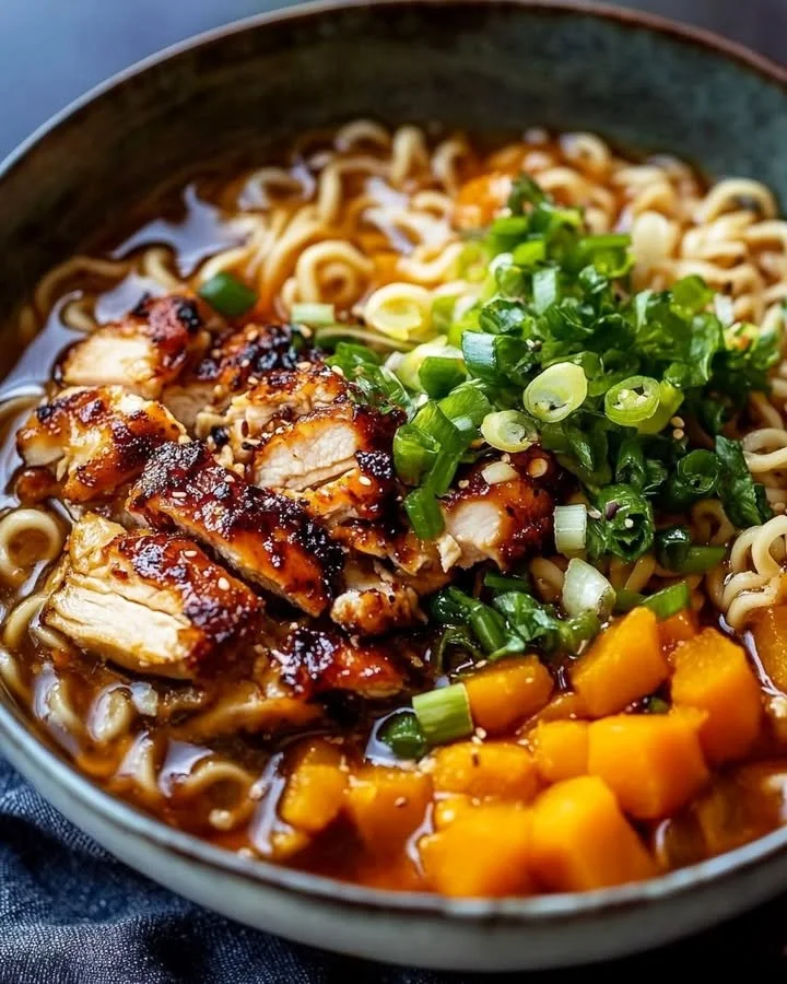 Bowl of spicy ramen topped with chili crisp chicken and garnished with green onions