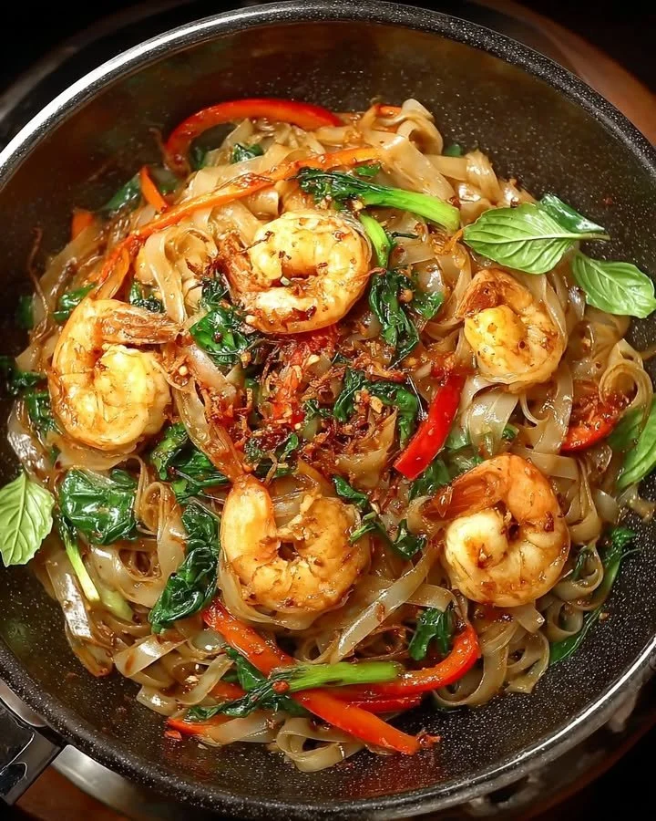 Plate of spicy shrimp rice noodles with basil and assorted vegetables