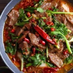 Plate of spicy sizzling beef with colorful vegetables
