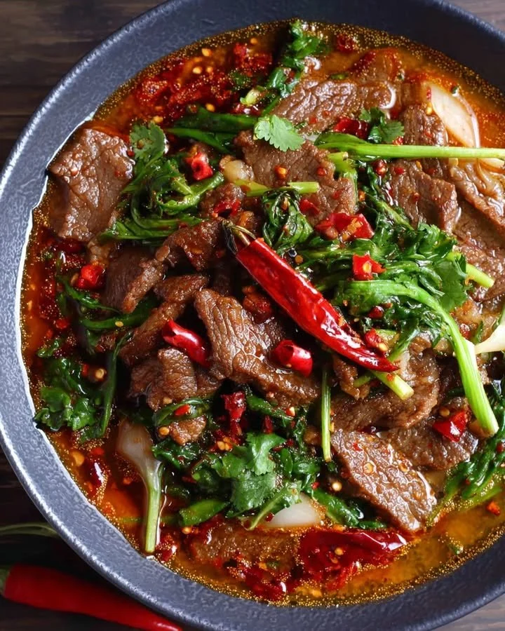 Plate of spicy sizzling beef with colorful vegetables