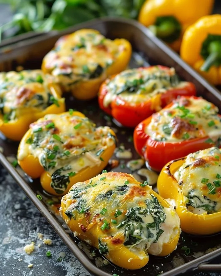 Spinach and Artichoke Chicken Stuffed Peppers plated with herbs and sauce