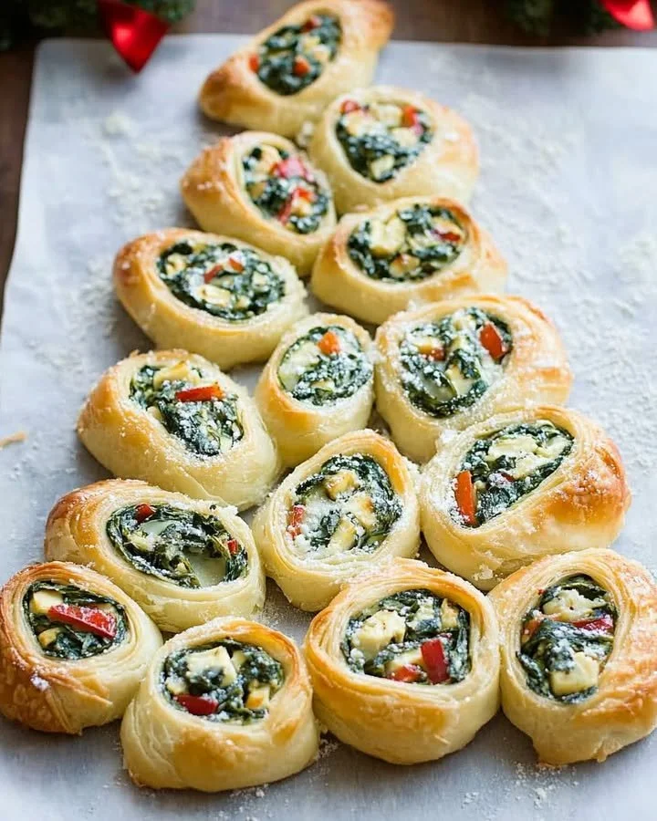 Spinach artichoke Christmas tree rolls baked and garnished for holiday parties