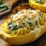 Spinach and artichoke stuffed spaghetti squash served on a plate
