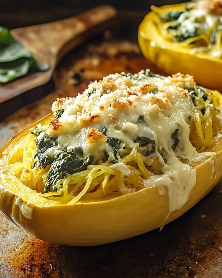 Spinach and artichoke stuffed spaghetti squash served on a plate