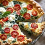 Delicious spinach ricotta quiche served on a rustic wooden table