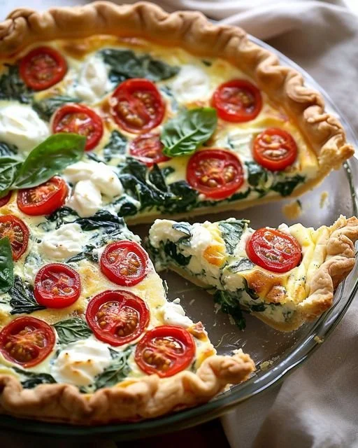 Delicious spinach ricotta quiche served on a rustic wooden table
