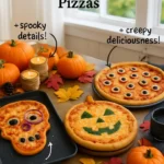 Halloween-themed pizza with spooky toppings and decorations