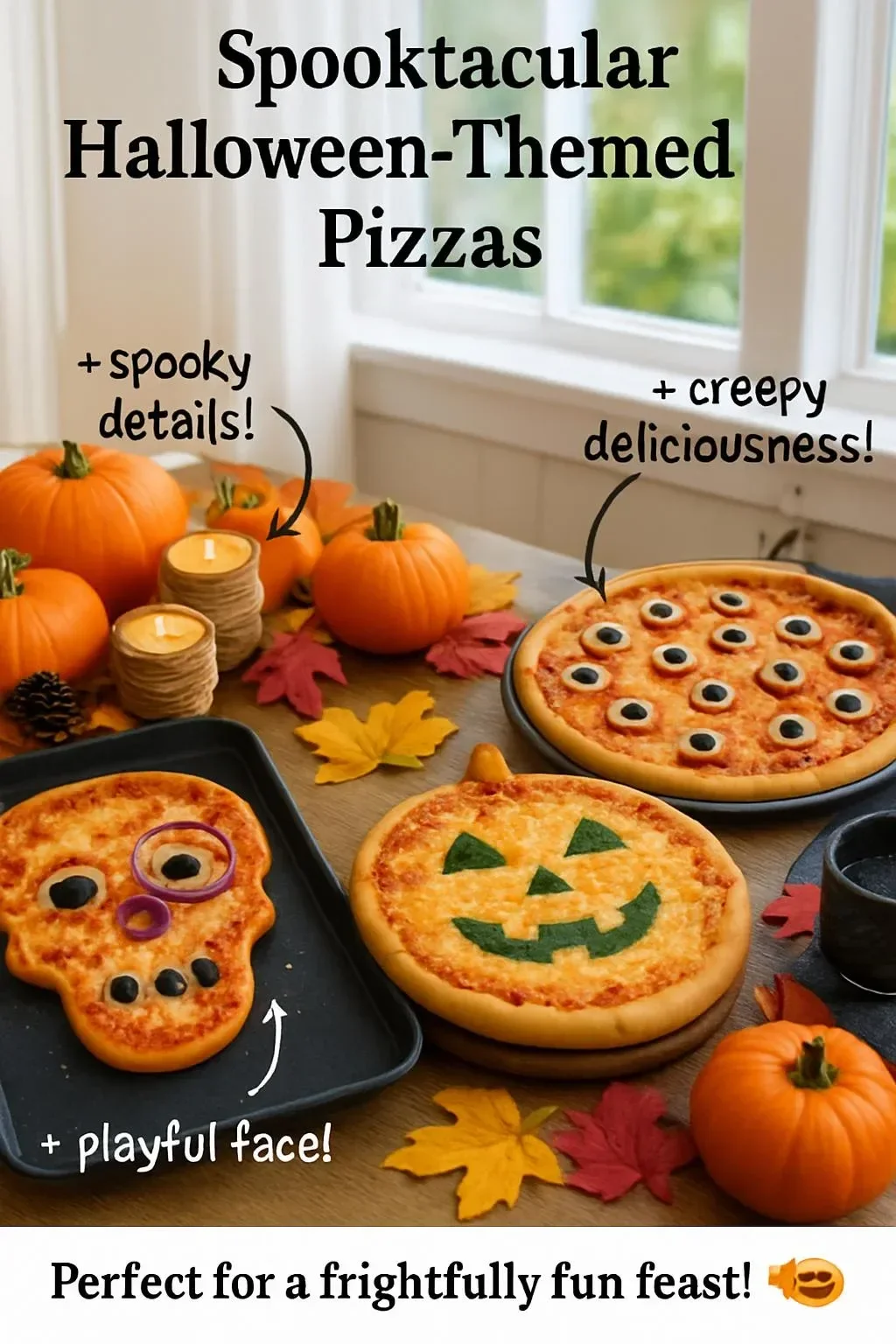 Halloween-themed pizza with spooky toppings and decorations