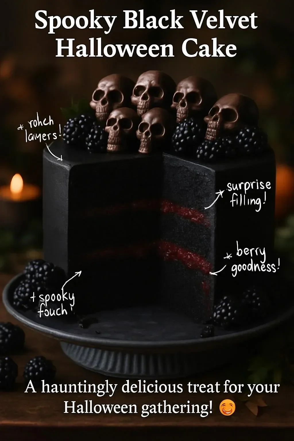 Spooky Black Velvet Halloween Cake with eerie decorations and dark frosting.