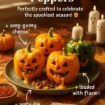 Spooky stuffed peppers decorated for Halloween, featuring a creative and festive design.