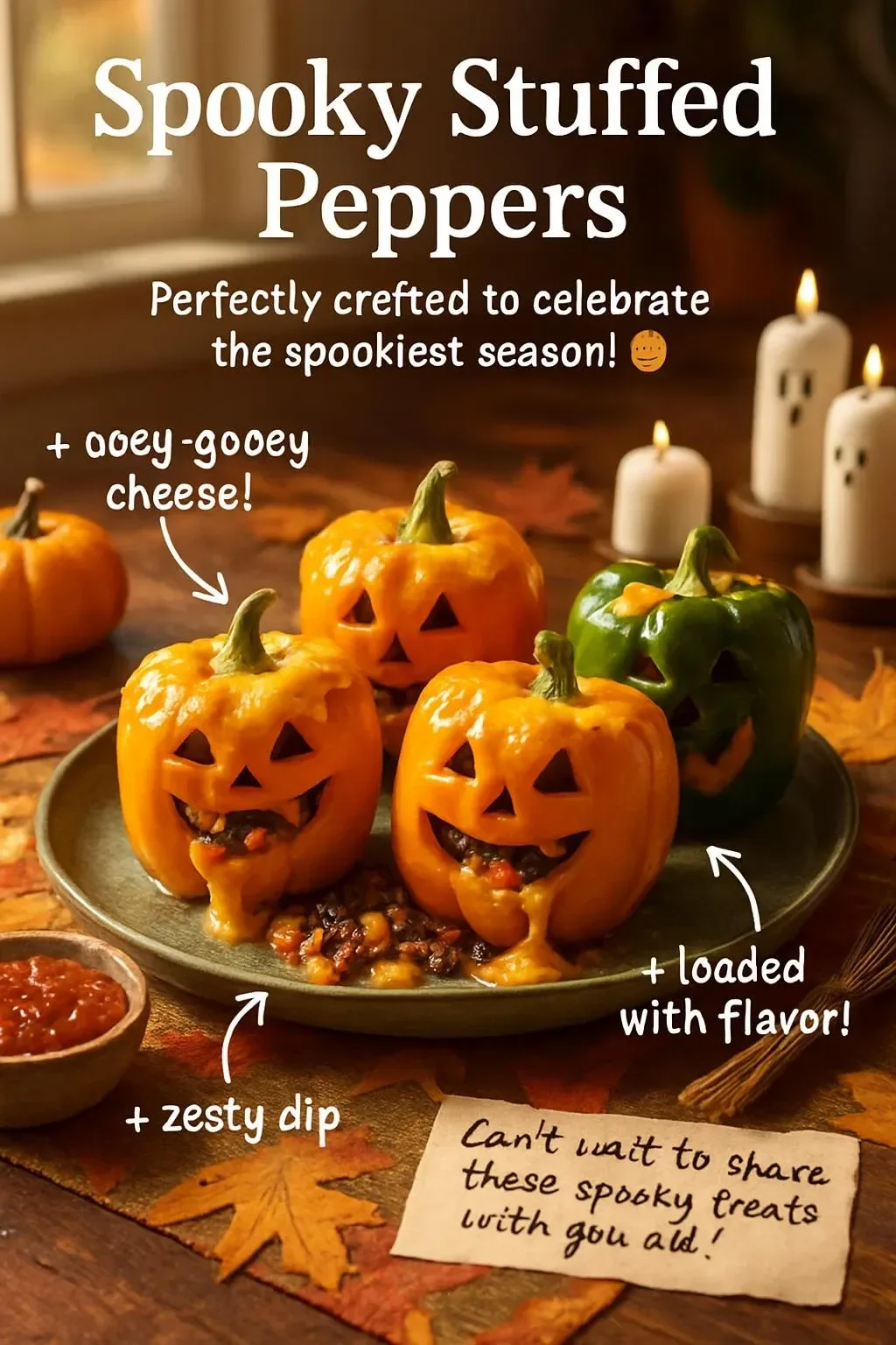 Spooky stuffed peppers decorated for Halloween, featuring a creative and festive design.