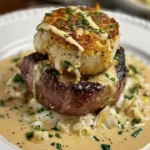 Juicy steak served with a delicious crab cake on a plate.