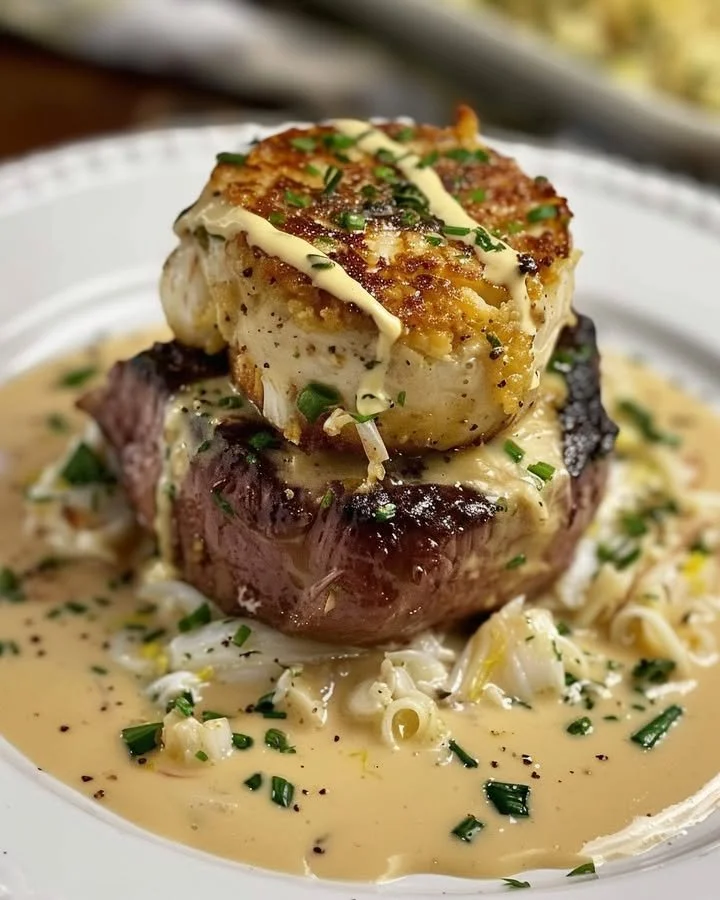 Juicy steak served with a delicious crab cake on a plate.